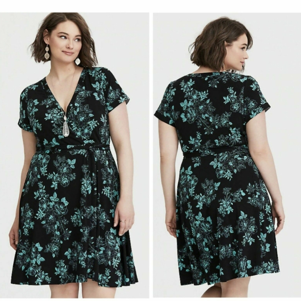 Torrid black and aqua faux wrap dress